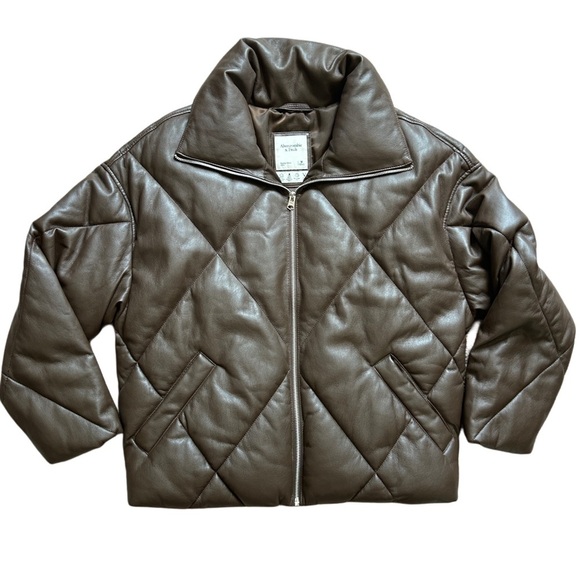 Abercrombie & Fitch Oversized Vegan Leather Brown Quilted Puffer Jacket Medium - Picture 4 of 13